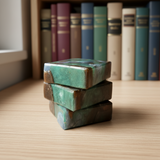 Three green soap bars stacked on a wooden surface