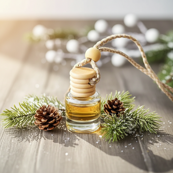 Small glass bottle of car diffuser oil with wooden cap and rope on a wooden surface, surrounded by pine branches and pinecones.