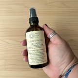 Hand holding a bottle of 'Champagne Toast' room spray with a wooden background