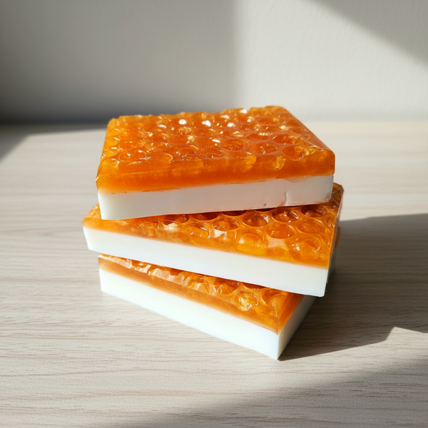 Three stacked bars of soap with a honeycomb design on a wooden surface.