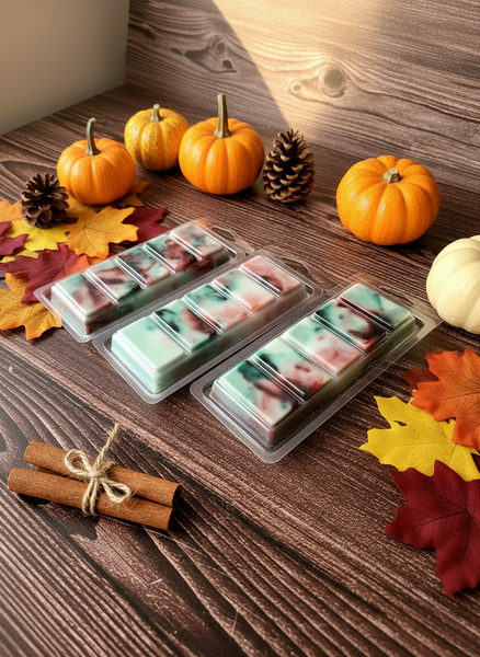 Packaged wax melts on a wooden surface