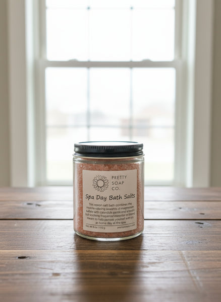 Jar of 'Spa Day Bath Salts' from Pretty Soap Co on a wooden surface