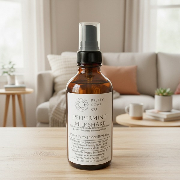 Peppermint Milkshake room spray bottle from Pretty Soap Co. on a wooden surface